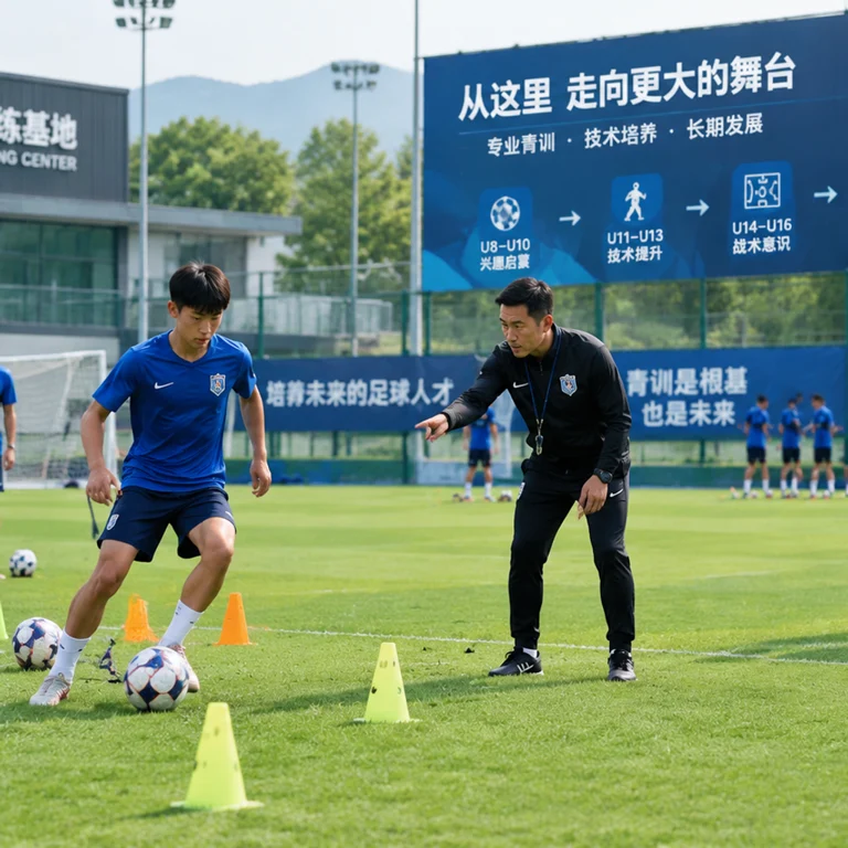 体育训练场内教练指导青年球员，展现青训与专业培养场景