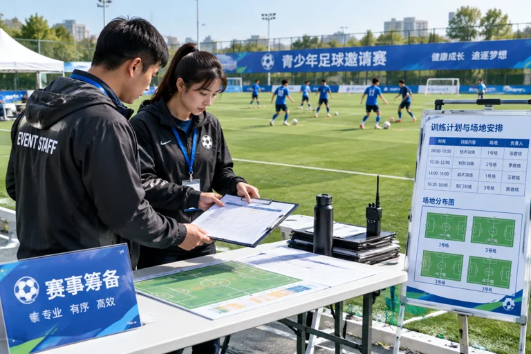 足球赛事筹备人员查看训练计划与场地安排，背景为规范化足球场地