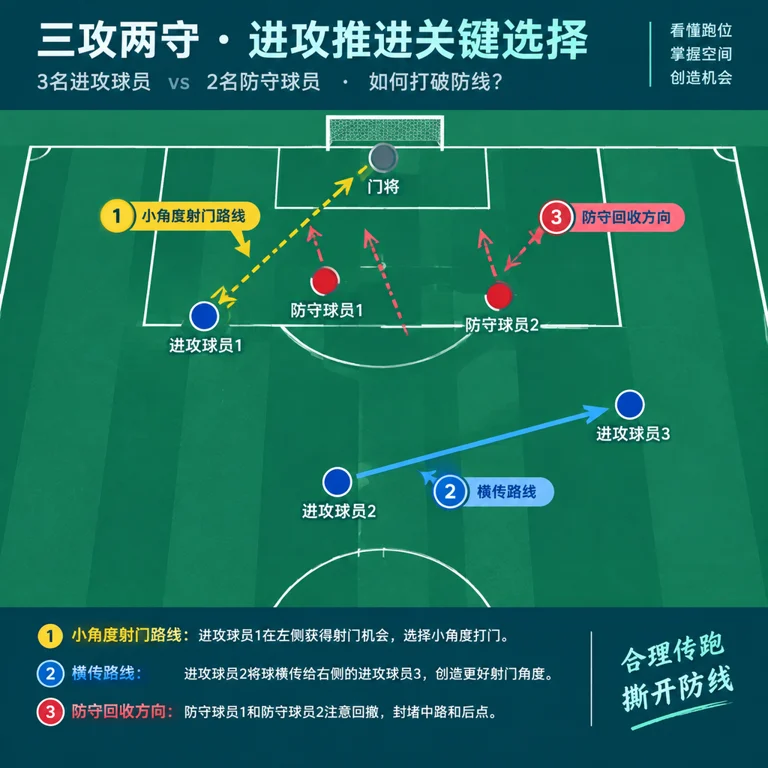 三打二快速进攻的传球与射门路线战术示意图