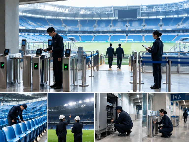 足球场馆运营人员检查入口、看台及服务设施，为赛事接待做准备